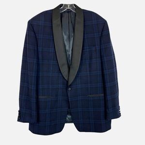 Lauren Ralph Lauren Navy Blue Plaid & Black Trim Wool Dinner Jacket - Size 44R